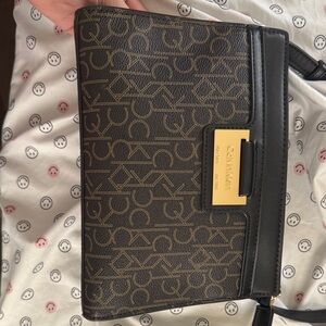 Calvin Klein Brown Logo Crossbody with Black Trim and Gold Plaque